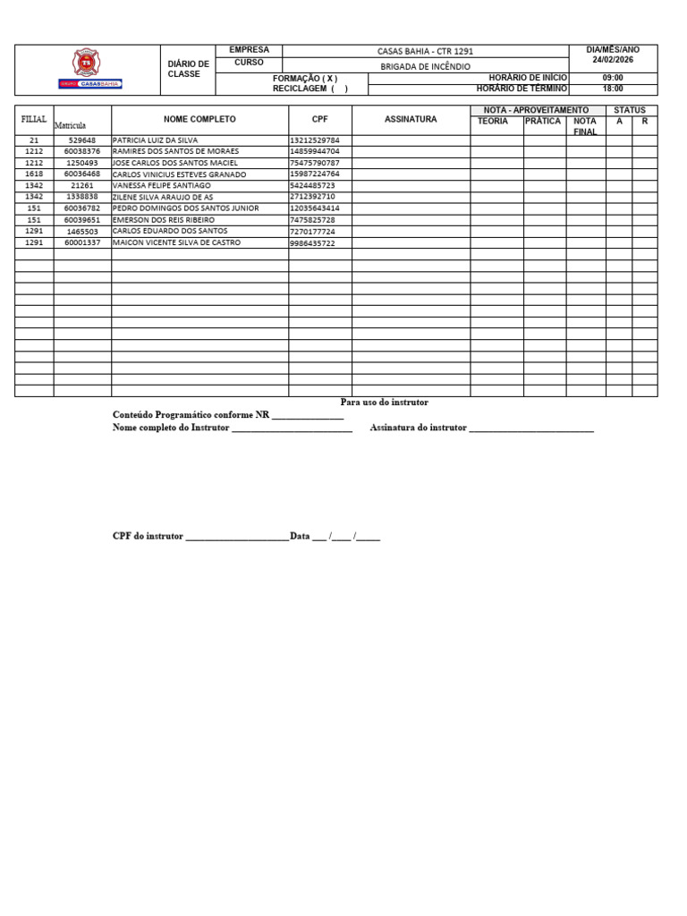 Diário de Classe 2025 - CTR - Filial - 1291 - 24.02 | PDF