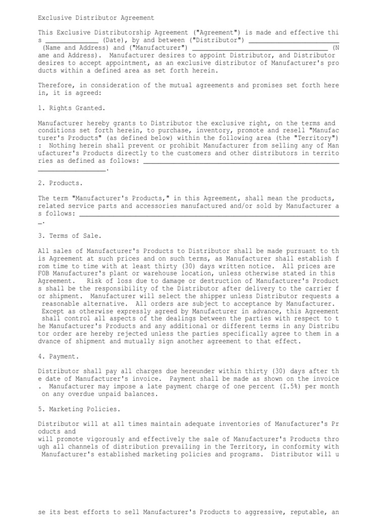 Exclusive distributor agreement Contractual Term Distribution