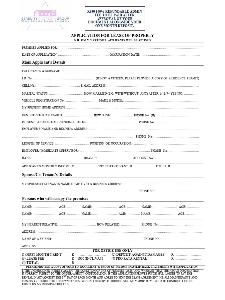 Application Form A1 For Serenity Property Group | PDF