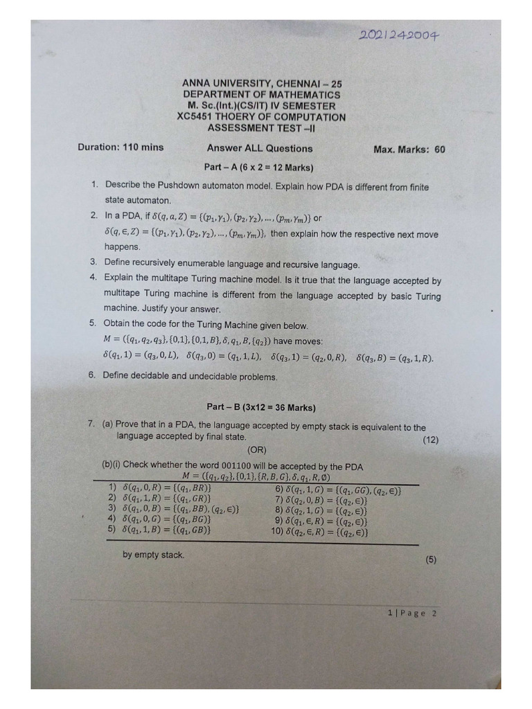 TOC Question Paper | PDF