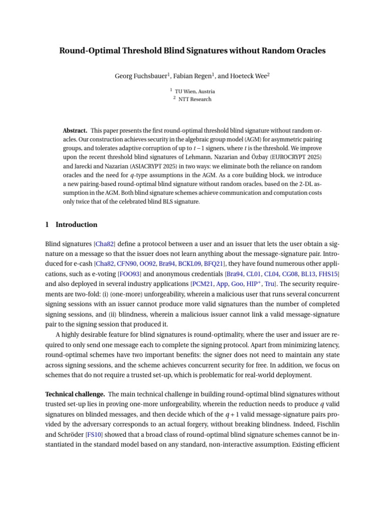 Round-Optimal Threshold Blind Signatures Without Random Oracles | PDF