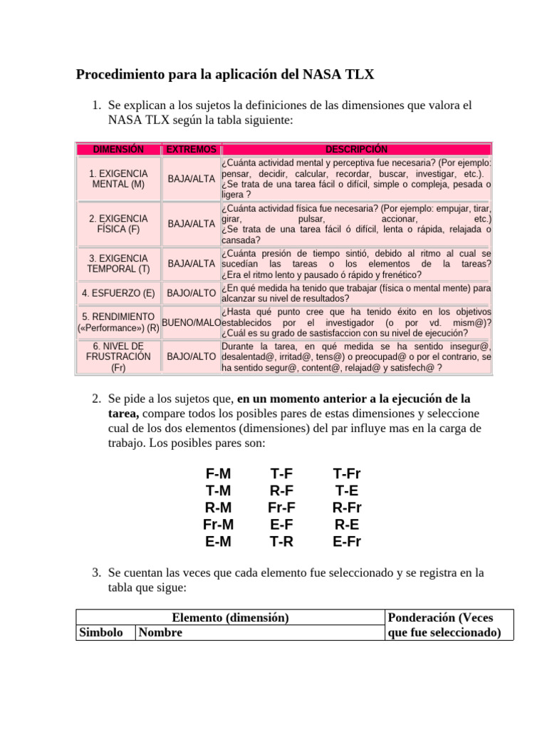 El Metodo NASA TLX, Procedimiento | PDF
