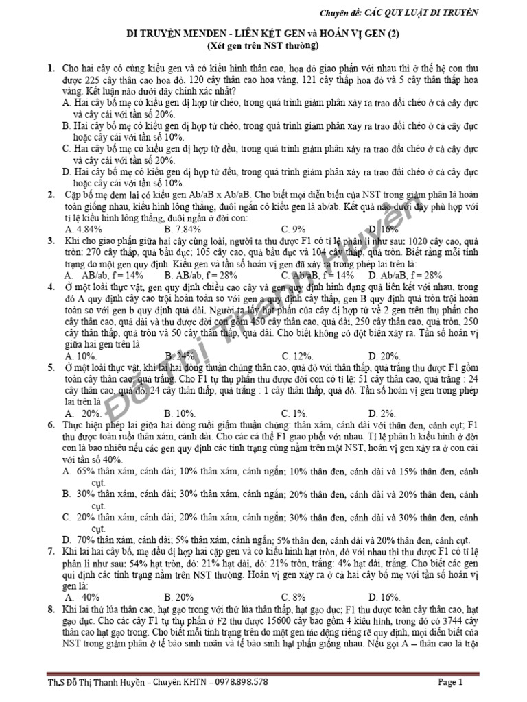 Lien Ket Gen - Hoan Vi Gen - Bai Tap - Buoi 2 - Trac Nghiem - Hs - V1 | PDF