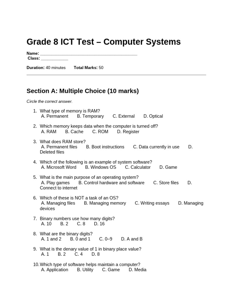 ? Grade 8 ICT Test - Computer Systems | PDF