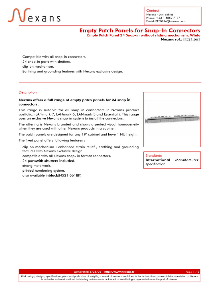 Empty Patch Panels For Snap-In Connectors: Nexans Ref. | PDF