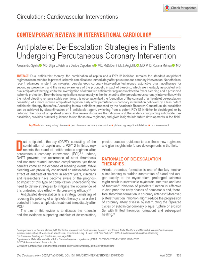 Spirito Et Al 2024 Antiplatelet de Escalation Strategies in Patients ...