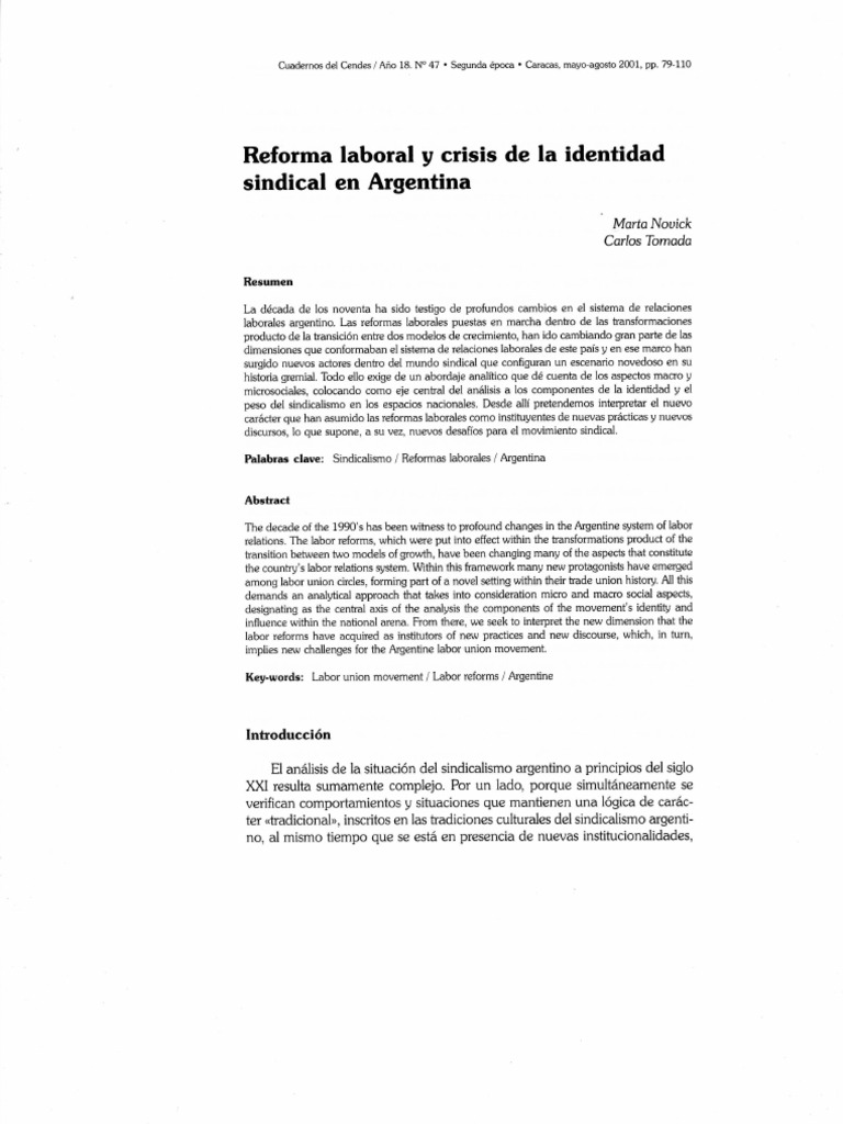 Reforma Laboral y Crisis de La Identidad Sindical en Argentina | PDF