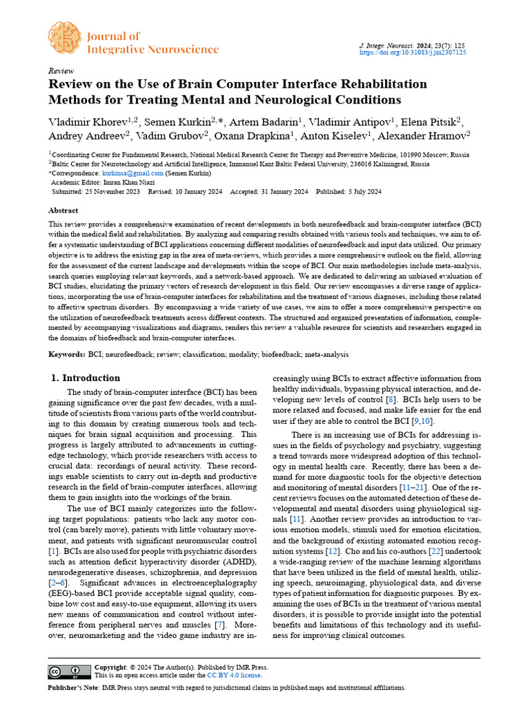 Review On The Use of Brain Computer Interface Rehabilitation Methods ...