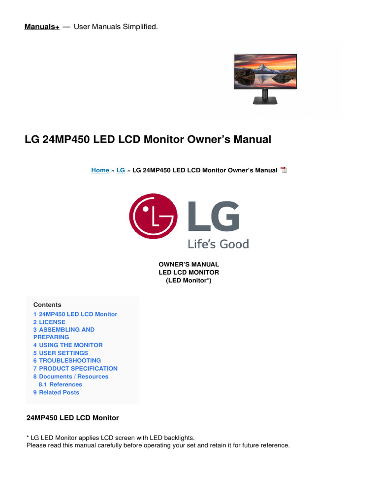 24mp450 Led LCD Monitor Manual | PDF