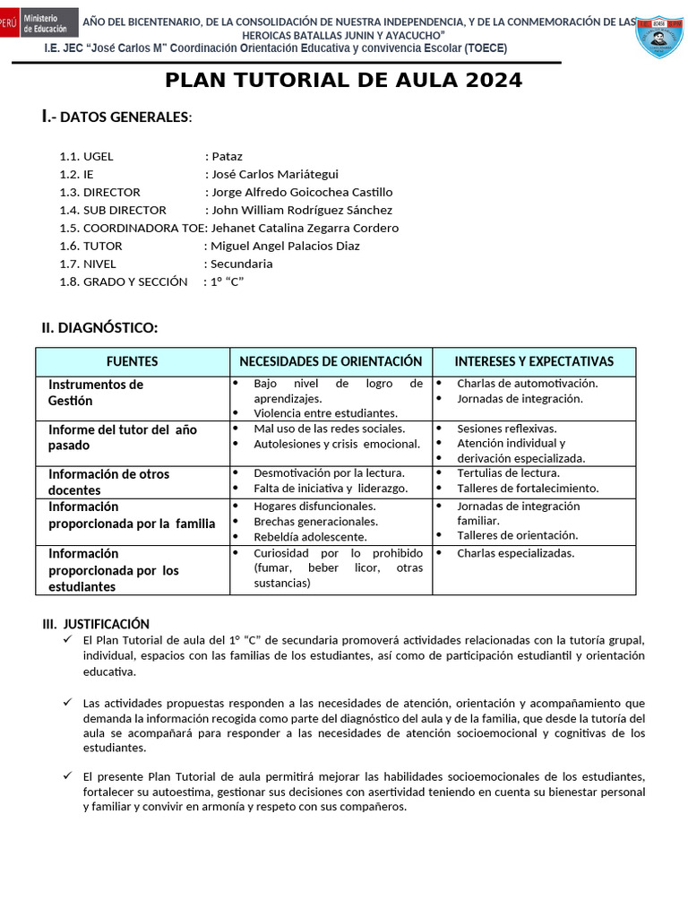 Plan Tutorial de Aula 2024 (Nuevo) | PDF