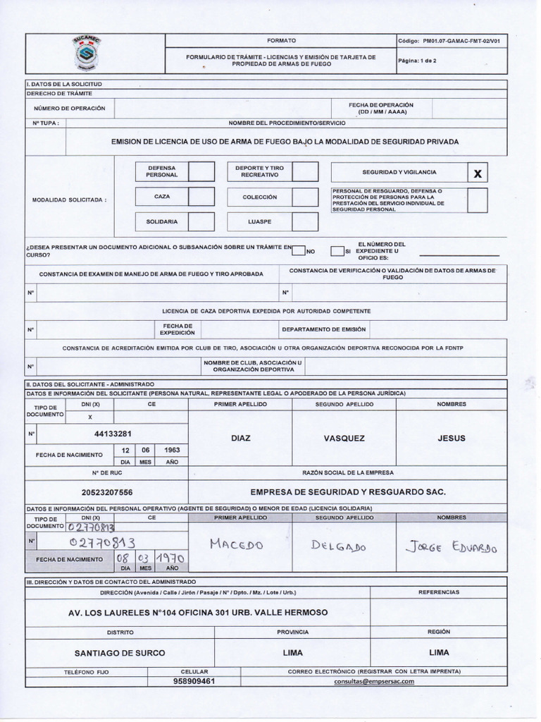 Formulario de Licencias y Declaracion Jurada Sucamec | PDF