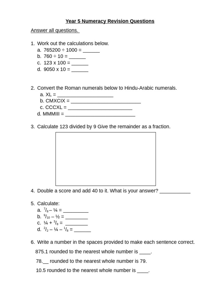 Year 5 Numeracy Revision Questions | PDF