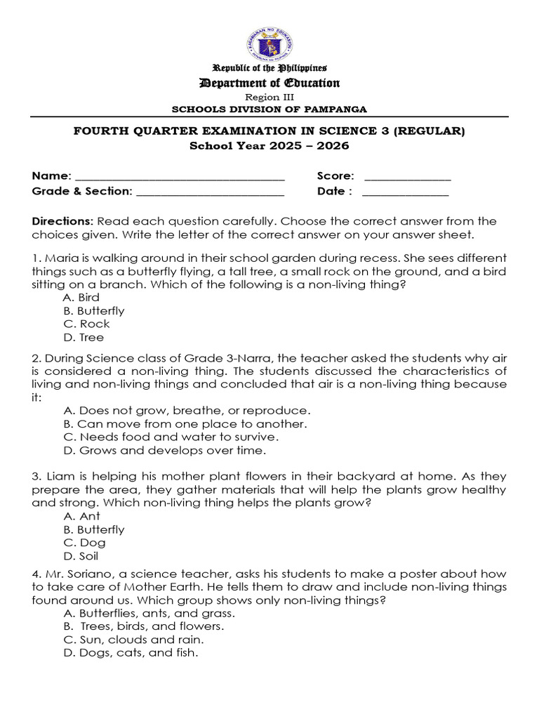 Science 3 Regular Fourth Qtr. Exam S.y.2025-2026 Final | PDF