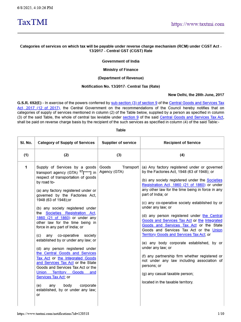 RCM NN - 13 - 2017 - Central GST (CGST) Rate | PDF