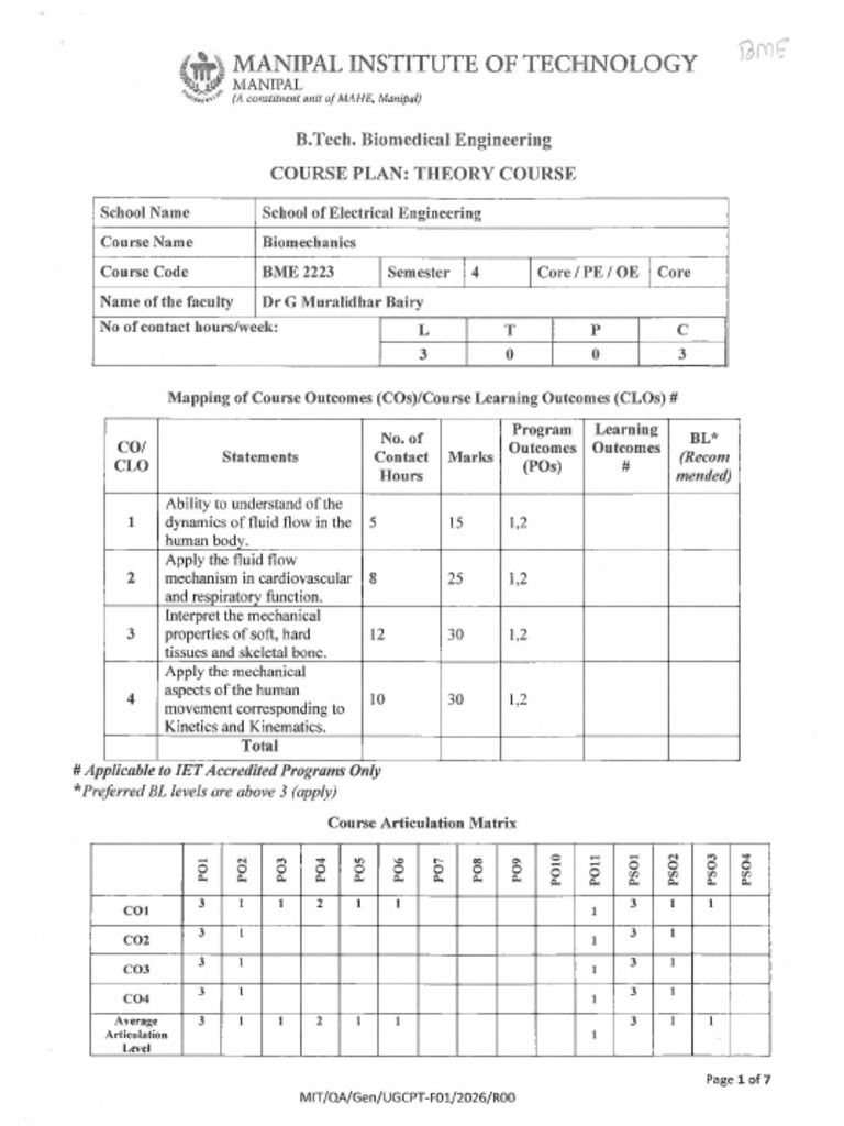 BME 2223 BM Course Plan 2026 Signed | PDF