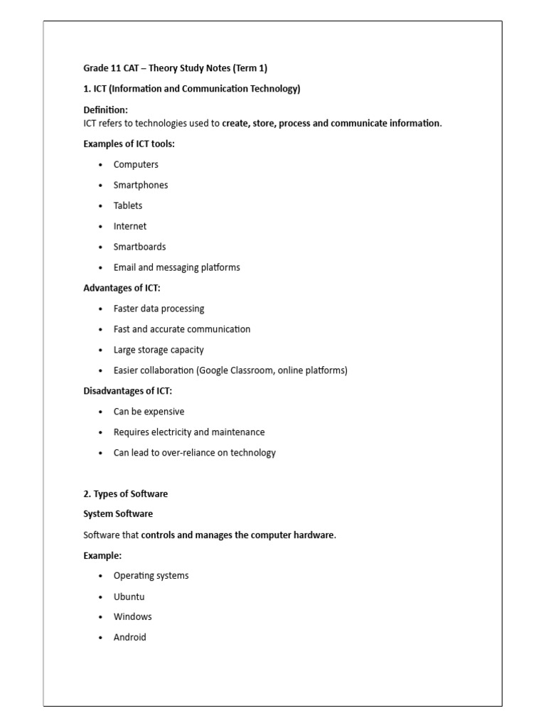 Grade 11 CAT T1 Study Notes | PDF