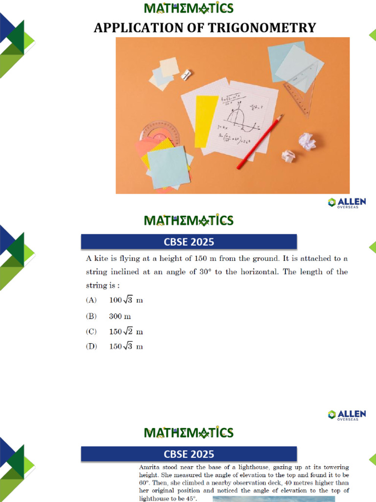 Application of Trigonometry Pyq | PDF