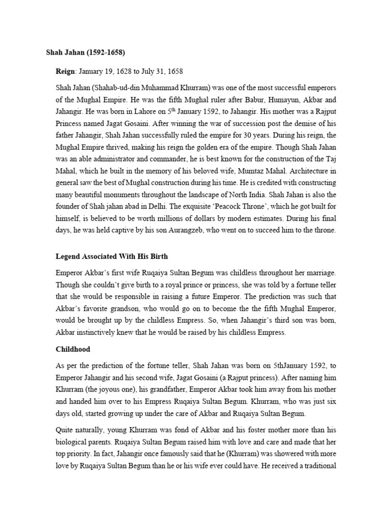 12th Shah Jahan Life | PDF