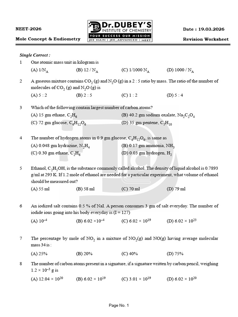 Mole Concept & Eudiometry - (Neet-2026) 19.03.2026 | PDF ...