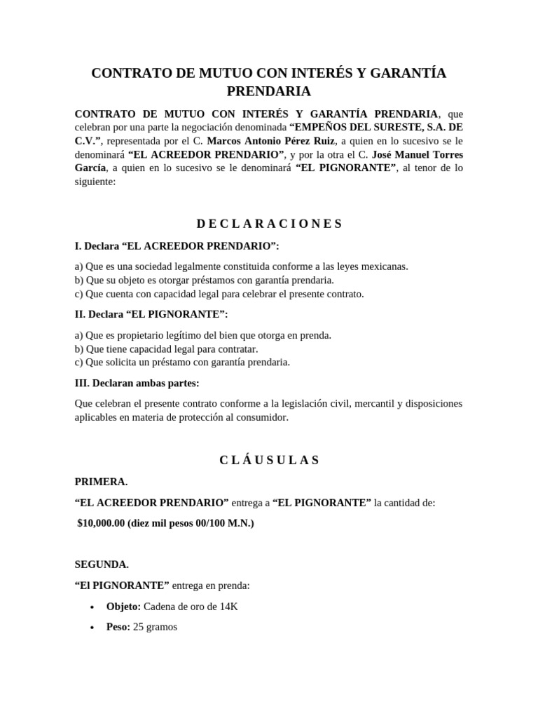 Contrato de Mutuo Con Interés y Garantía Prendaria | PDF