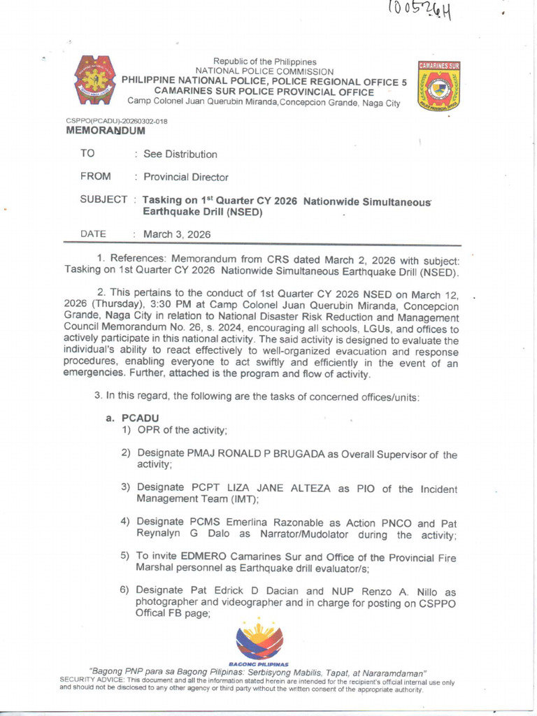 Tasking On 1st Quarter Cy 2026 Nationwide Simultaneous Earthquake Drill ...