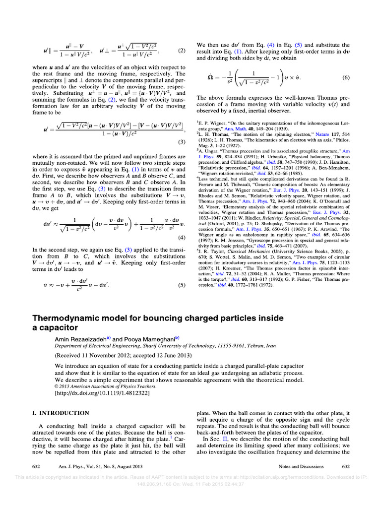 Thermodynamic Model For Bouncing Charged Particles | PDF