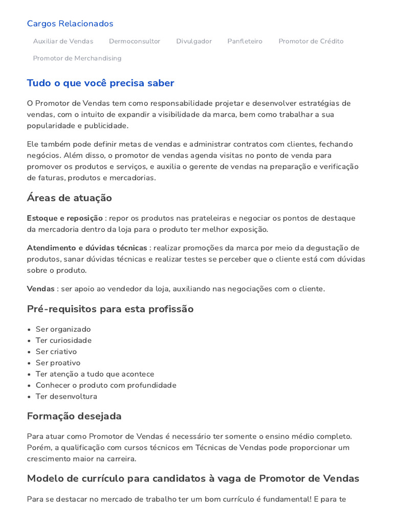 Promotor de Vendas - O Que Faz, Salário, Carreira - Catho | PDF
