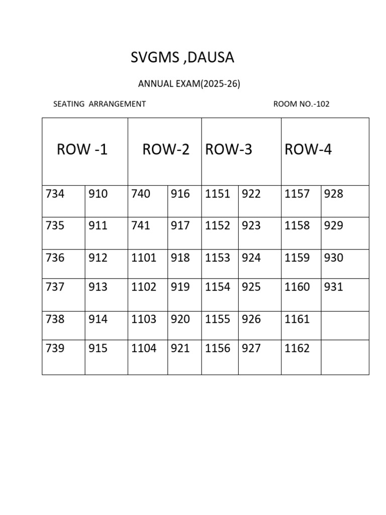 Seating Plan Room No. 102 | PDF