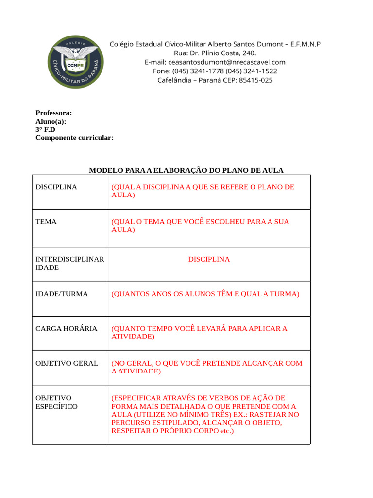 Modelo Plano de Aula 2026 | PDF