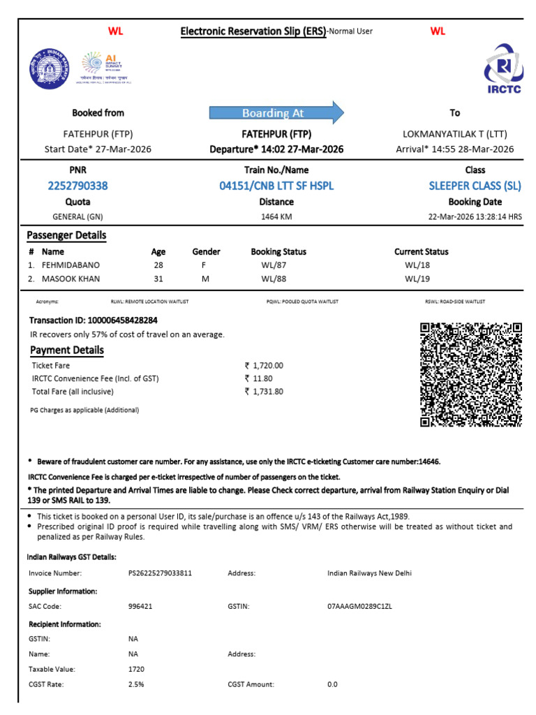 04151/Cnb LTT SF HSPL Sleeper Class (SL) : WL WL | PDF