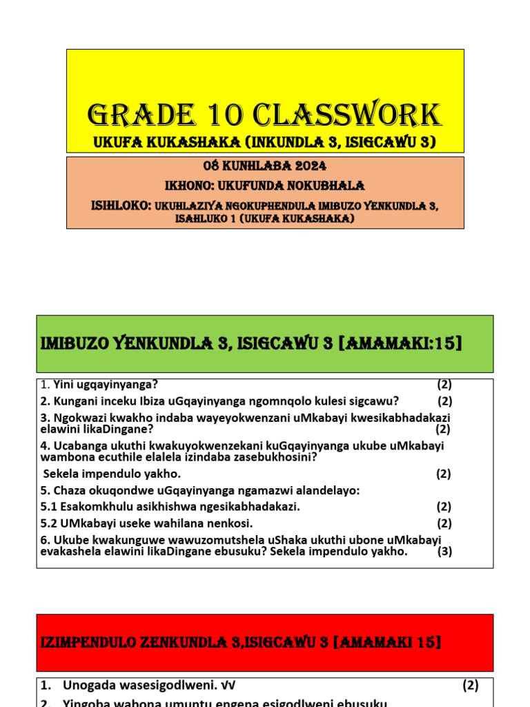 Grade 10 Classwork 08.05.24 Inkundla 3, Isigcawu 3 Ukufa Kukashaka-1 | PDF
