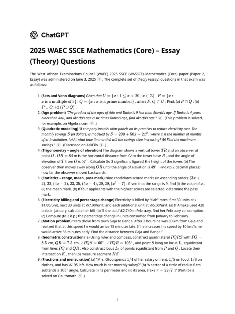2025 WAEC SSCE Mathematics (Core) - Essay (Theory) Questions | PDF ...