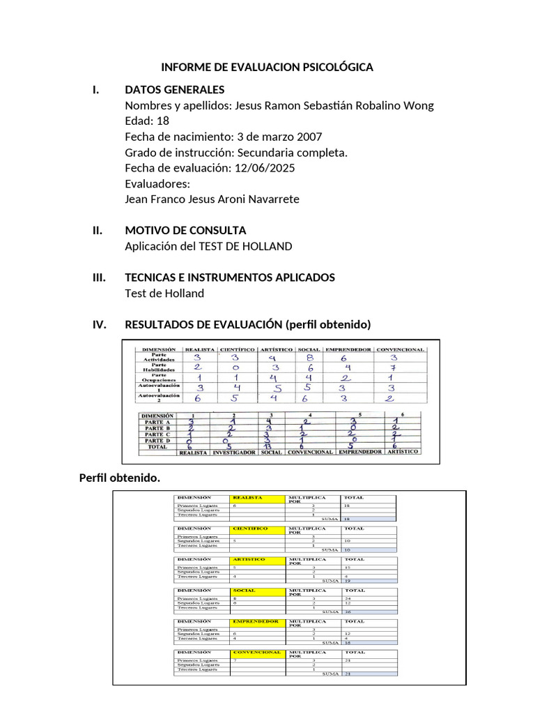 Modelo de Informe Psicológico - Holland | PDF | Sicología | Las emociones