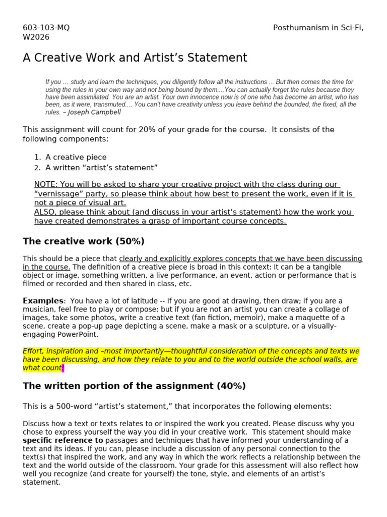 Creative Assignment and Written W2026 | PDF