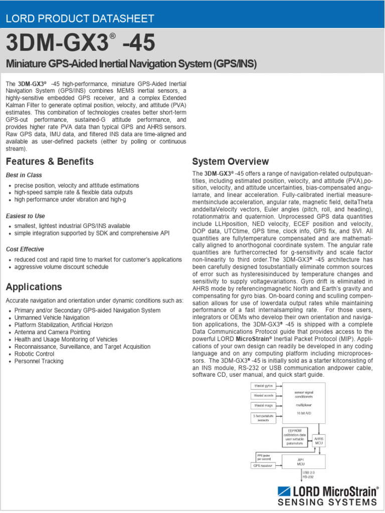 3DM GX3 45 GPS Aided Inertial Navigation System Data Sheet | PDF