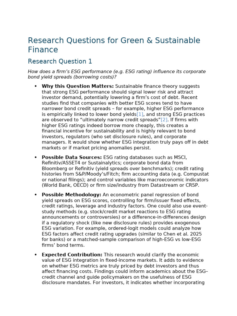 Research Questions For Green & Sustainable Finance | PDF