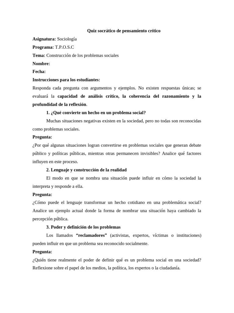 Quiz Socrático de Pensamiento Crítico PROBLEMATICA SOCIAL | PDF