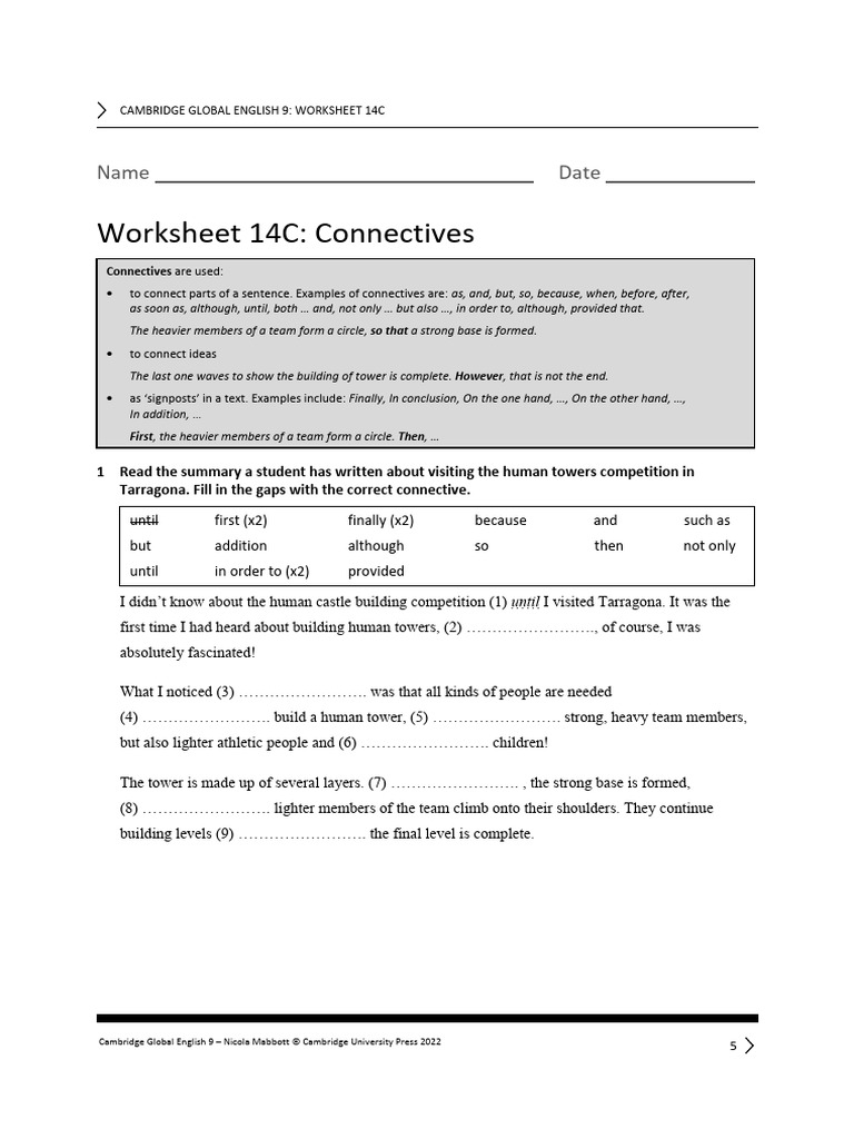 Worksheet 14C: Connectives: Name Date | PDF