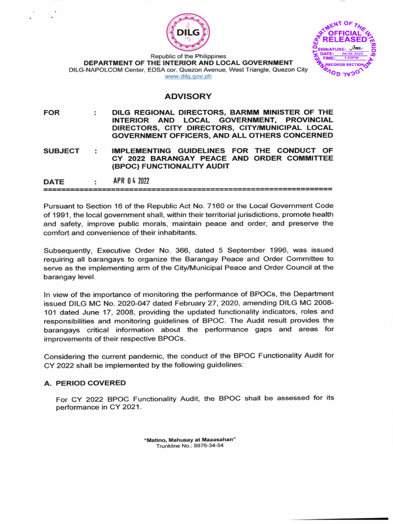 Zadvisory Implementing Guidelines For The Conduct of CY 2022 Barangay ...