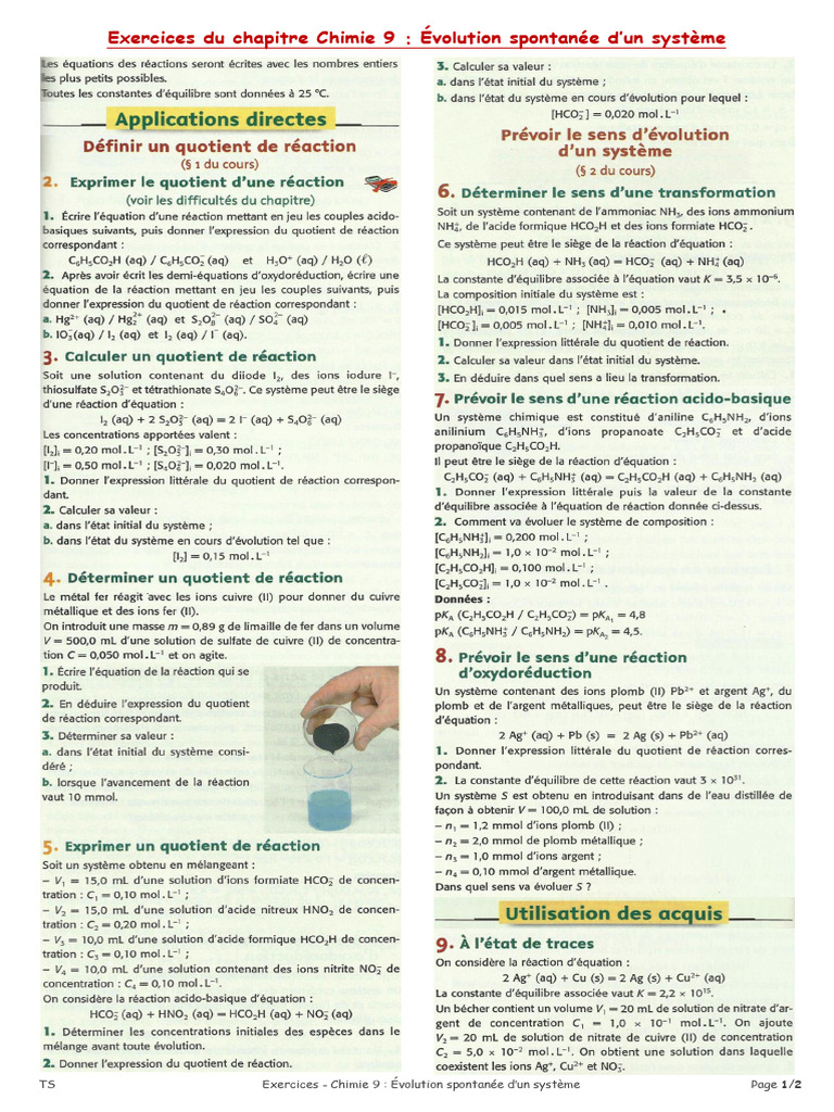 L Evolution Spontanee D Un Systeme Chimique Exercices Non Corriges | PDF