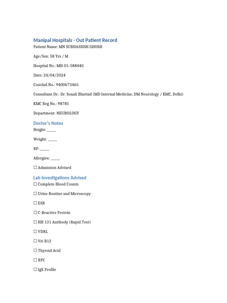 Manipal Hospital OPD Record | PDF