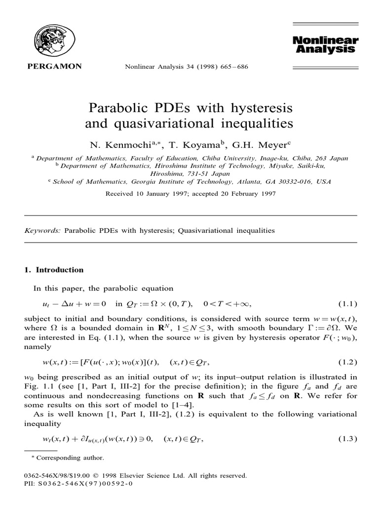 Parabolic PDEs With Hysteresis and Quasivariational Inequalities | PDF ...