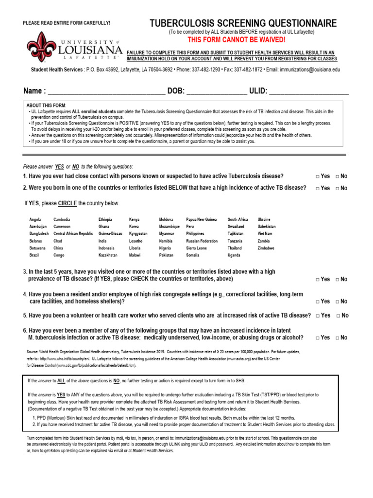 TB Screening Questionnaire | PDF