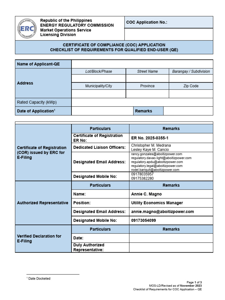 QE COC Application Checklist of Requirements VerNov2023 | PDF | Solar ...