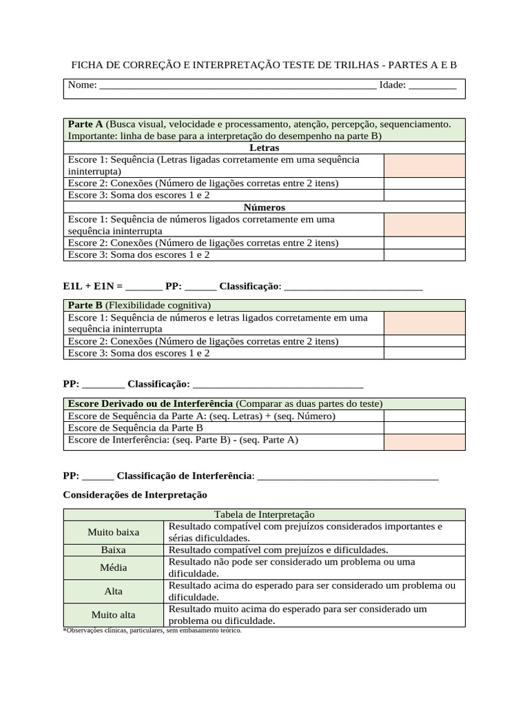Ficha de Correcao Teste de Trilhas Partes A e B | PDF | Cognição