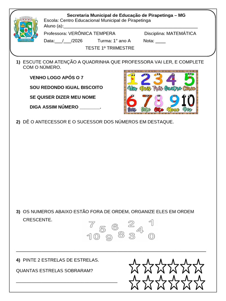 Teste 1º Bimestre Matemática 1° Ano A Verônica | PDF