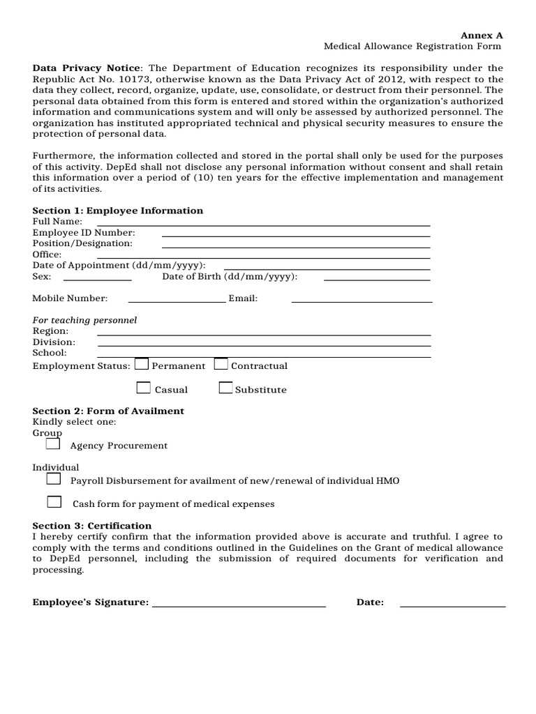 Annex A Medical Allowance Registration Form 1 | PDF