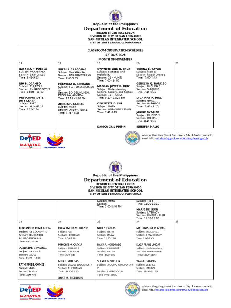 Cot 1&2 Sked | PDF | Philippines | Southeast Asia