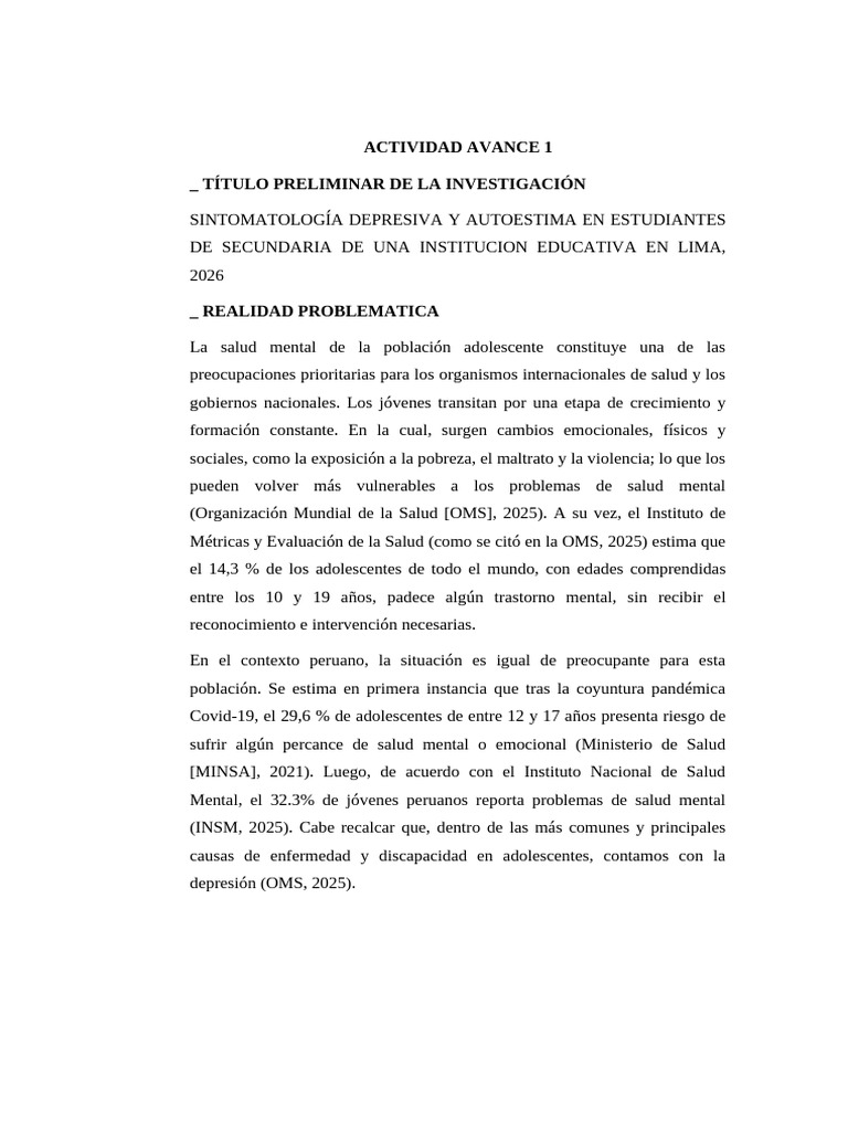 Actividad Avance 1 - Bryan Rivas Cardenas | PDF | Depresión (estado de ...