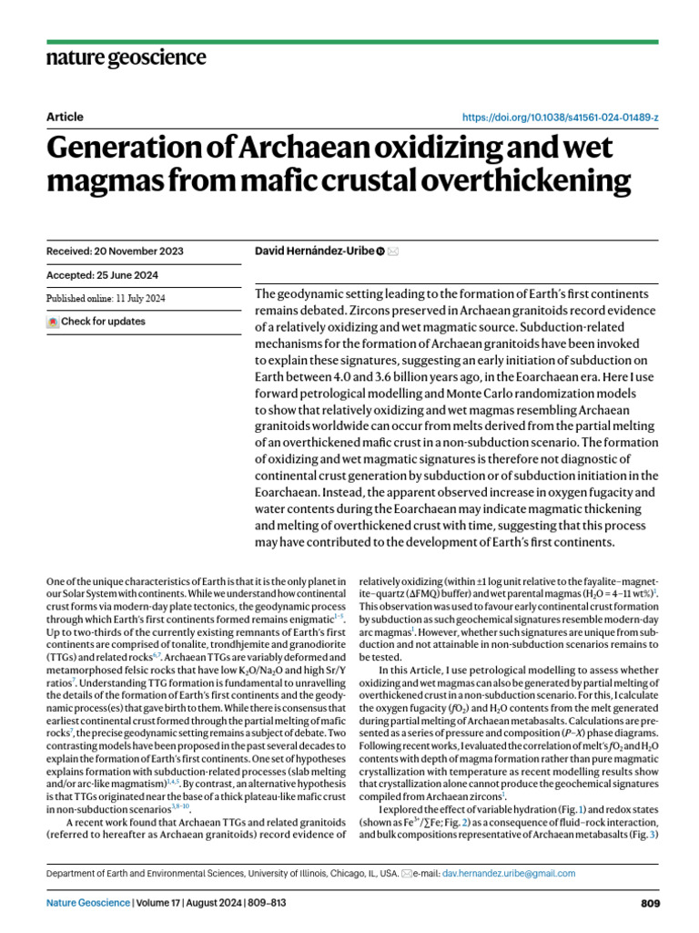 Uribe, 2024 - Generation of Archaean Oxidizing and Wet Magma | PDF